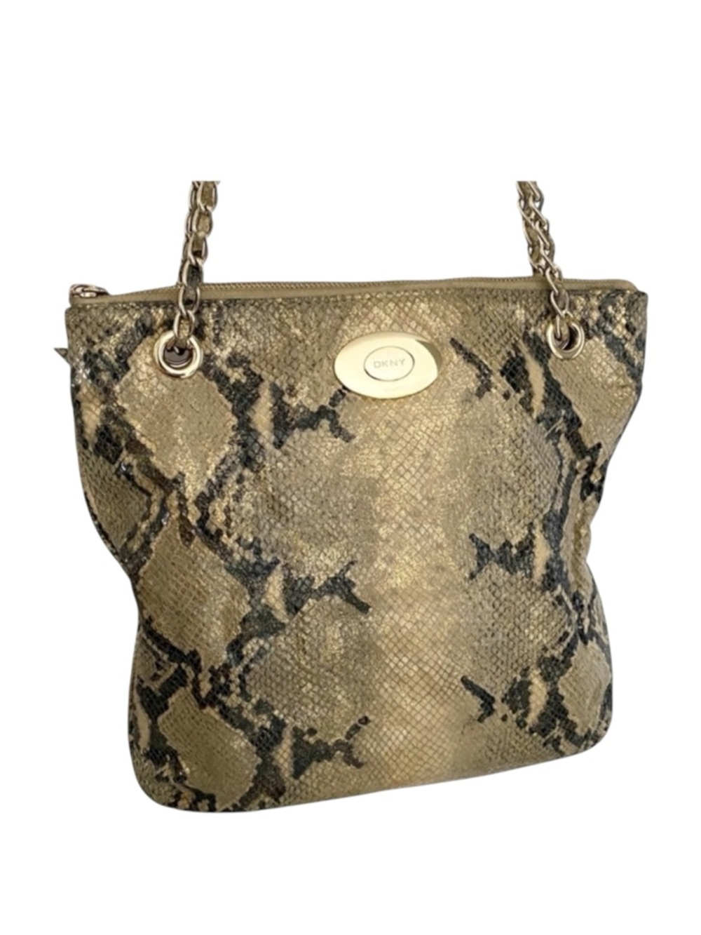 DKNY ᪥ Crossbody Leather Convertible Bag ᪥ Double Chain ᪥ Metallic Python Print - Picture 6 of 16